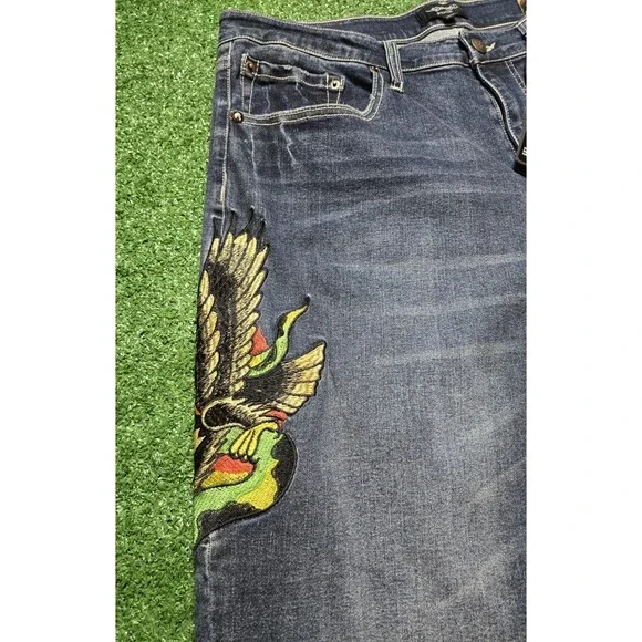 NWT Ed Hardy Eagle Snake Slim Straight Y2K Med Blue Denim Jeans (Men's 36)